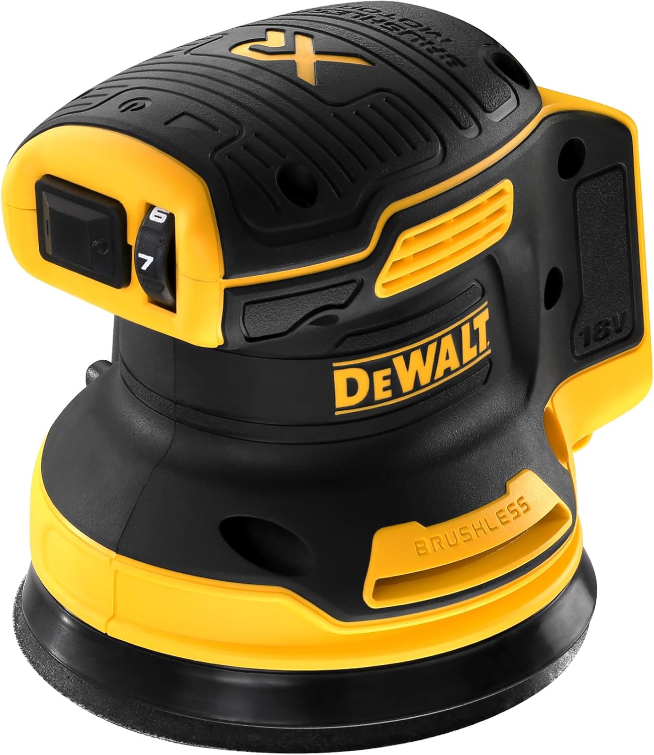 DEWALT 18 Volt Akku-Exzenterschleifer (Schleifpapier-ø: 125 mm, elektronische Drehzahlregulierung, Staubschutz für Getriebe und Schalter, mit Klettfix-System, ohne Akku und Ladegerät), DCW210N
