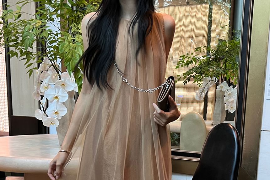 Trendycas - Mouwloze ronde hals, effen gerimpelde mesh maxi-tuniekjurk