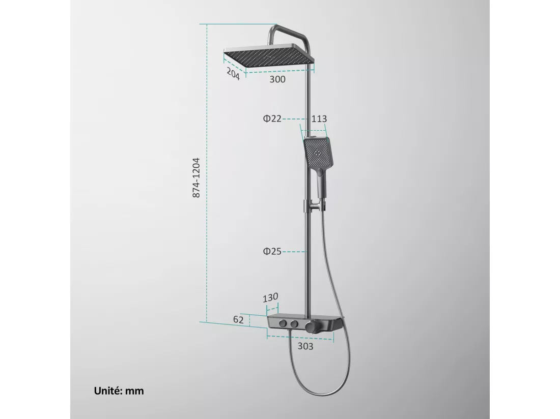 EMKE Colonne de douche thermostat, douchette à 3 puissances de jet, jet cascade, set de douche avec étagère en verre, Certification KTW, Gris métal