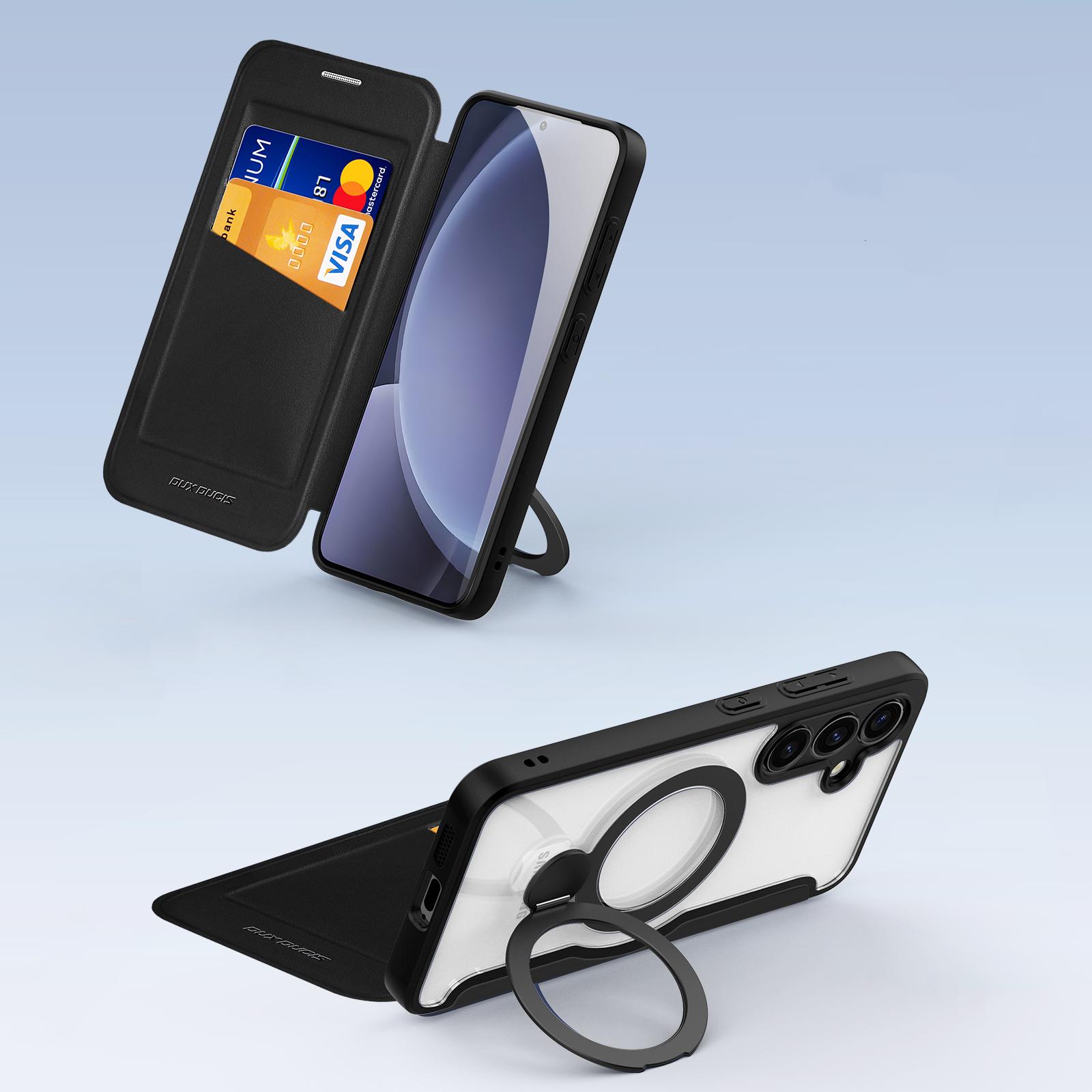 Samsung Galaxy S25 Hybrid Leder Tasche Kickstand Aufsteller   Kunststoff Rückseite MagSafe-Modul - Schwarz / Transparent