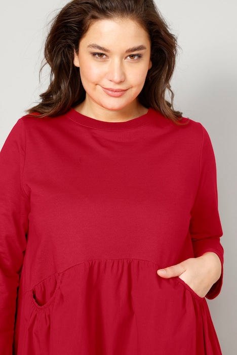 Midikleid, A-Line, Materialmix, Rundhals, Langarm, Quernaht