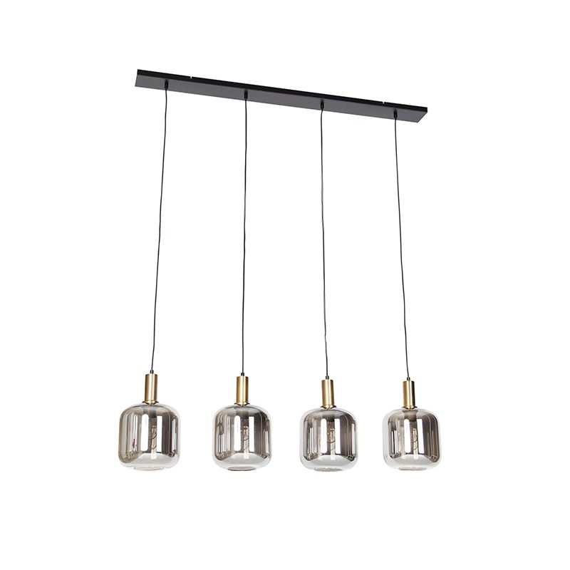 Design hanglamp zwart met goud en smoke glas 4-lichts - Zuzanna