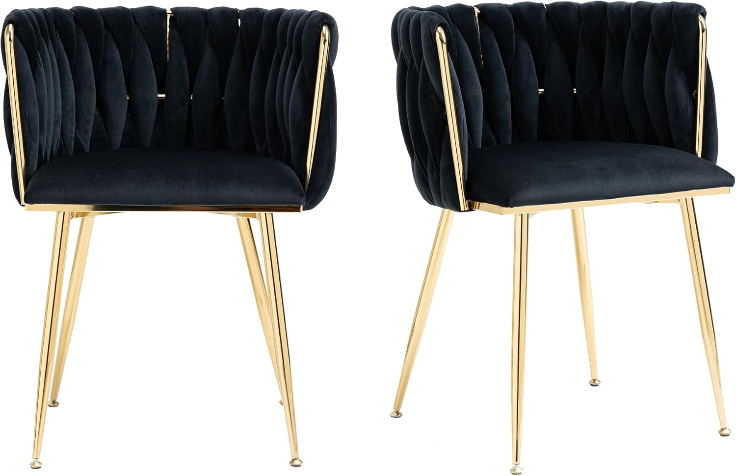 Esszimerstühle Samt 2er Set, Küchenstühle mit Goldenen Beinen und Armlehne, Polsterstuhl, Sessel mit handgewebten, Schminktisch stuhl, für Esszimmer, Küchen, Wohnzimmer, Schlafzimmer, Schwarz