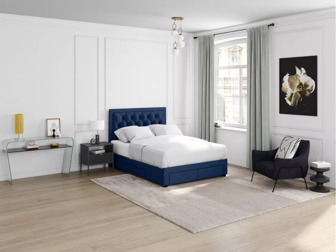 Lit avec tiroirs 180 x 200 cm - Tissu velours bleu - LEOPOLD