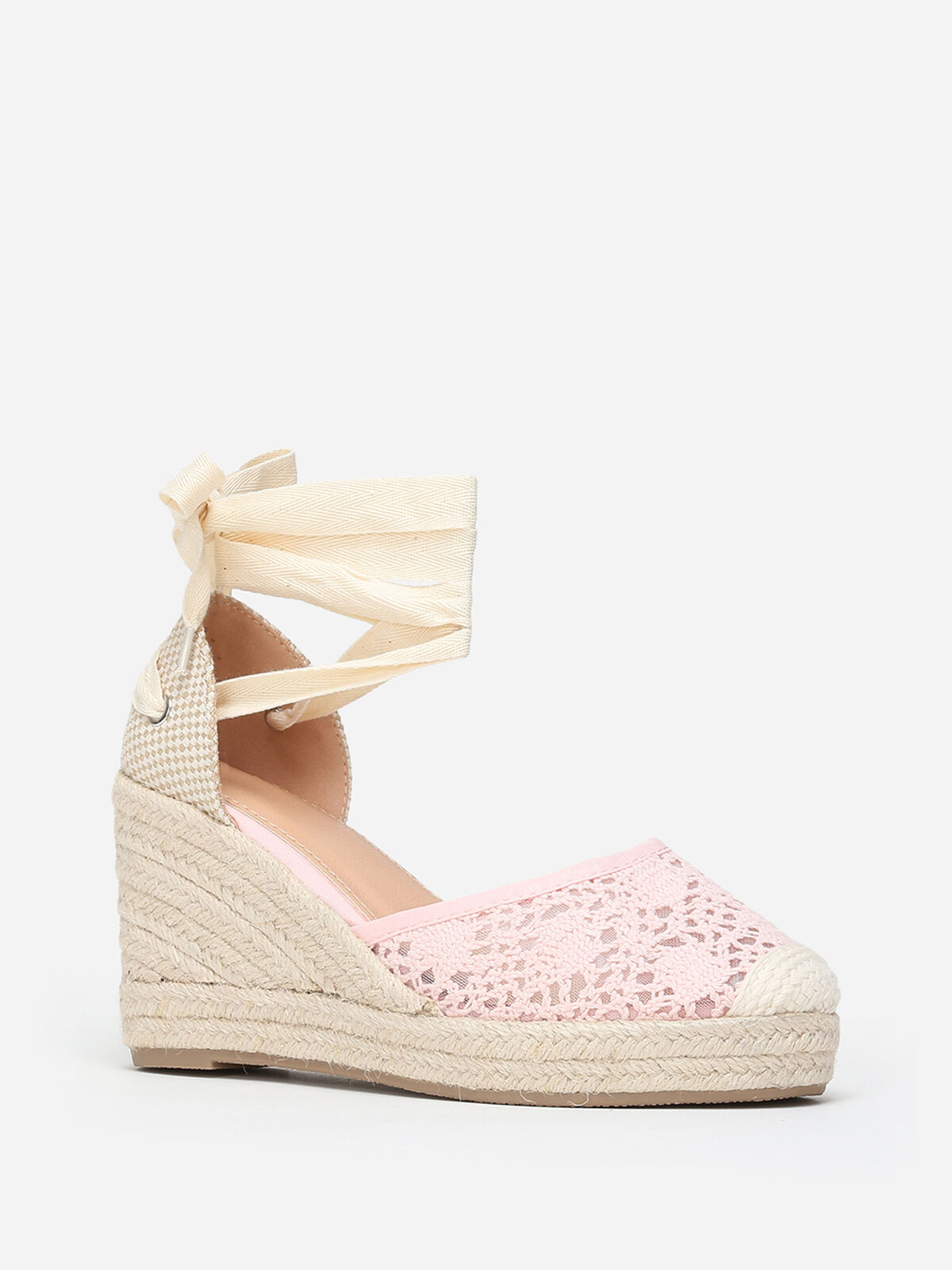 Espadrilles compensées dentelées à nouer- Rose