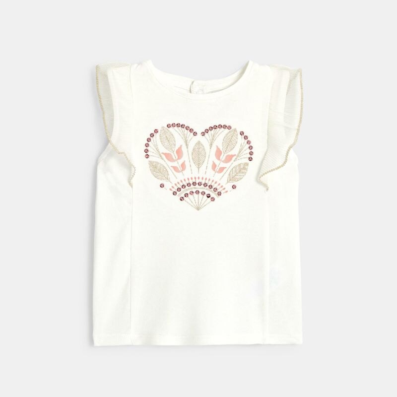 T-shirt brodé à manches volantées blanc bébé fille Blanc