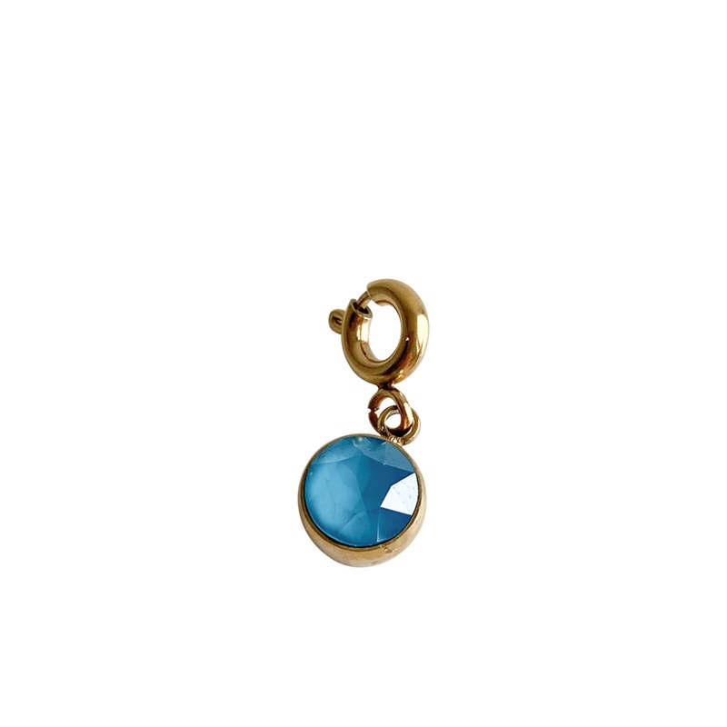 Charm pampille en acier doré avec cristal bleu lagon