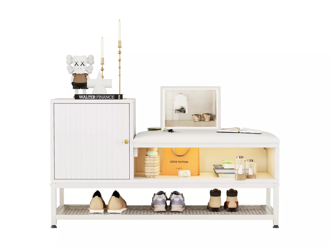 Meuble à chaussures avec banc et 1 porte - 100 x 38 x 59,7 cm - LEDs - Panneaux de particules - Blanc