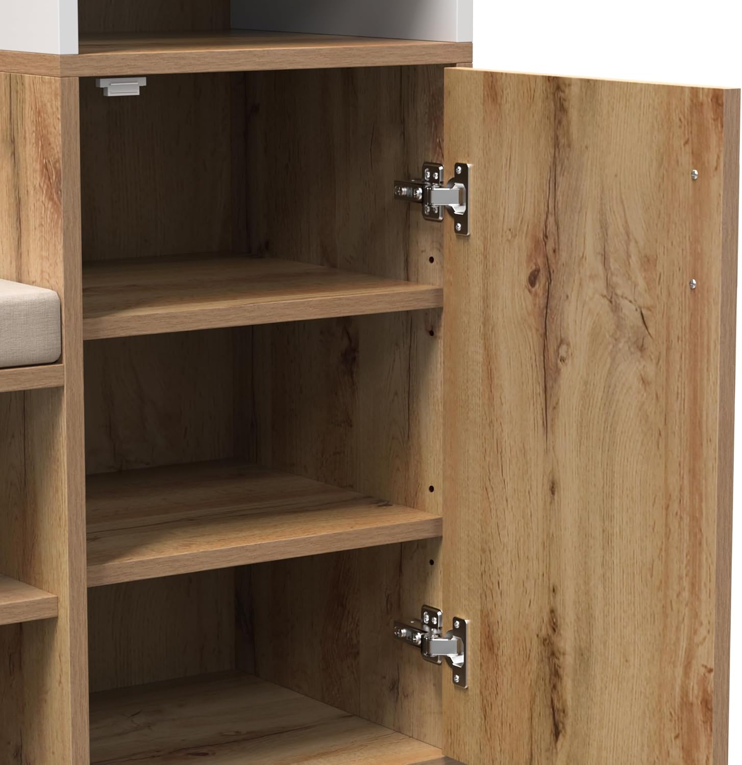 Garderoben-Set, Flurgarderobe mit Sitzbank & Spiegel, Garderobe mit Schuhschrank, Kompaktgarderobe mit 6 goldenen Kleiderhaken, Kissen, oberes Ablagefach, 105 * 40 * 190.5cm Weiß + Holzfarbe