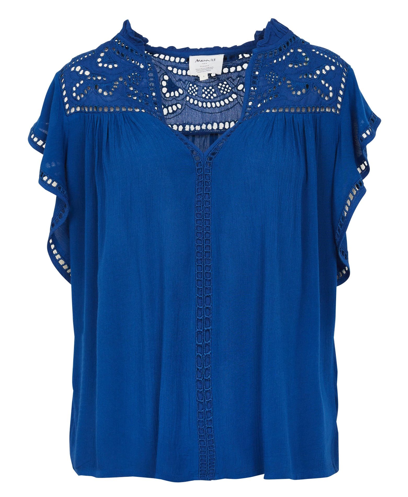 CINDY - Top col victorien fendu brodé | Bleu