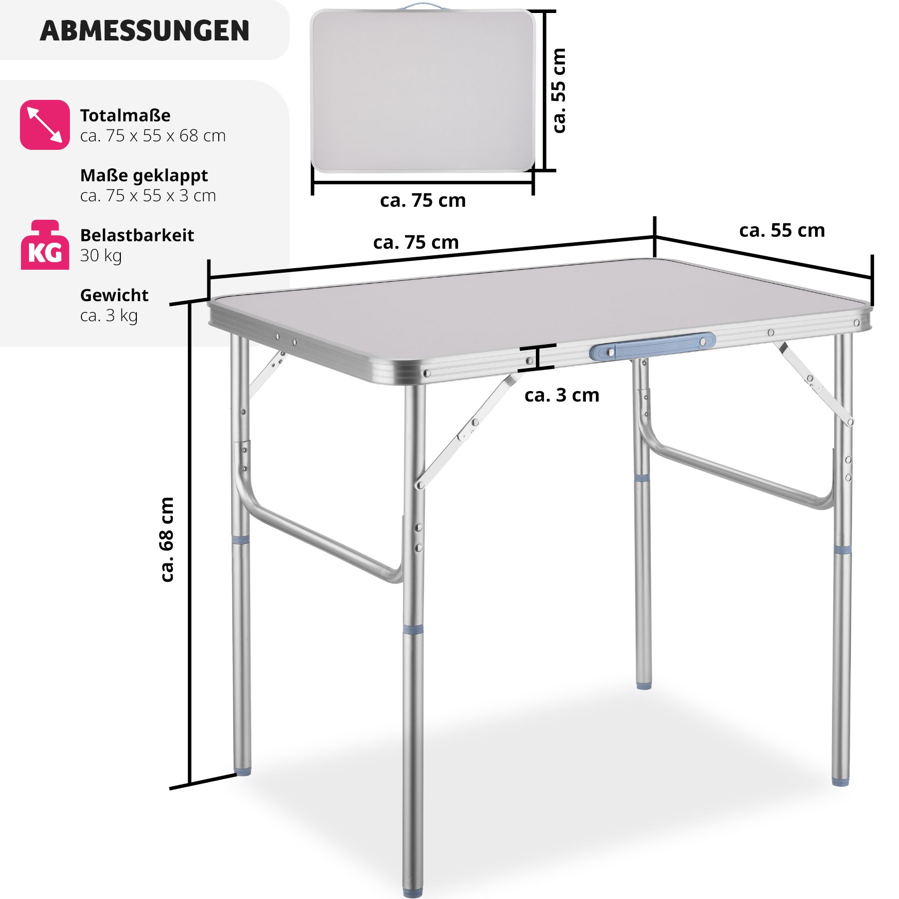 tectake® Campingtisch, klappbar, anschraubbare, höhenverstellbare Beine und Füße, 75 x 55 x 68 cm