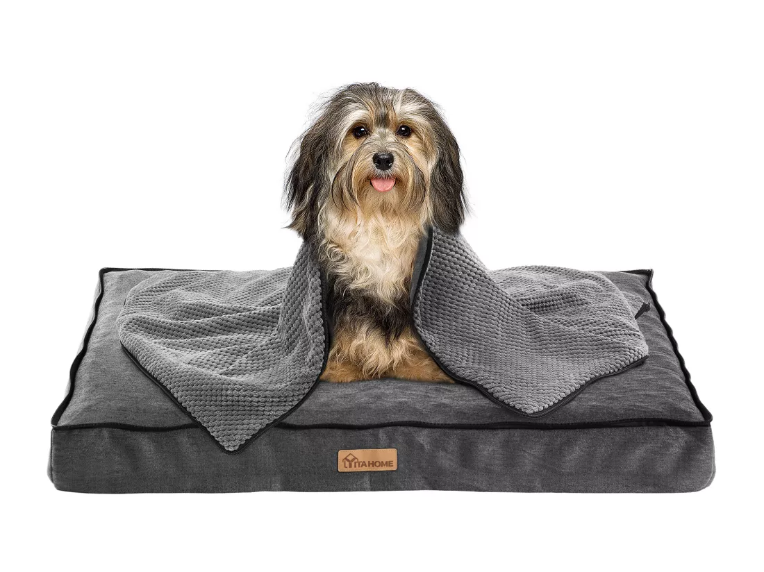 YITAHOME Panier Couchage Lit pour Chien - Dehoussable - avec Couvertures Amovibles - Gris -Matelas Lavable - 76x51cm