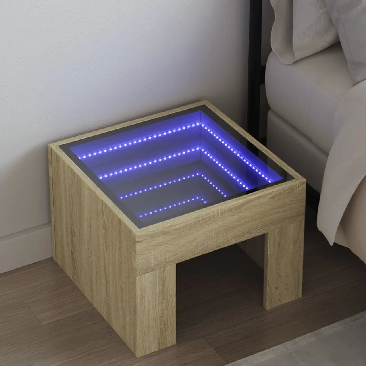vidaXL Table de chevet LED infini - Chêne sonoma - 40 x 40 x 30 cm