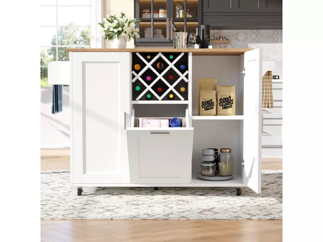 Ilot central de cuisine - chariot à roulette avec plateau extensible - 2 portes et casier à vin - Blanc