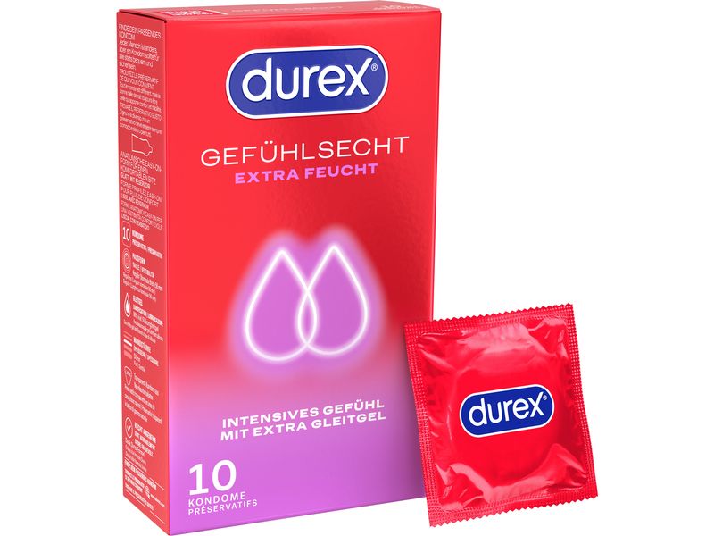 Durex Kondome Gefühlsecht Extra Feucht 10 Stück Hauchzarte, befeuchtete Präservative