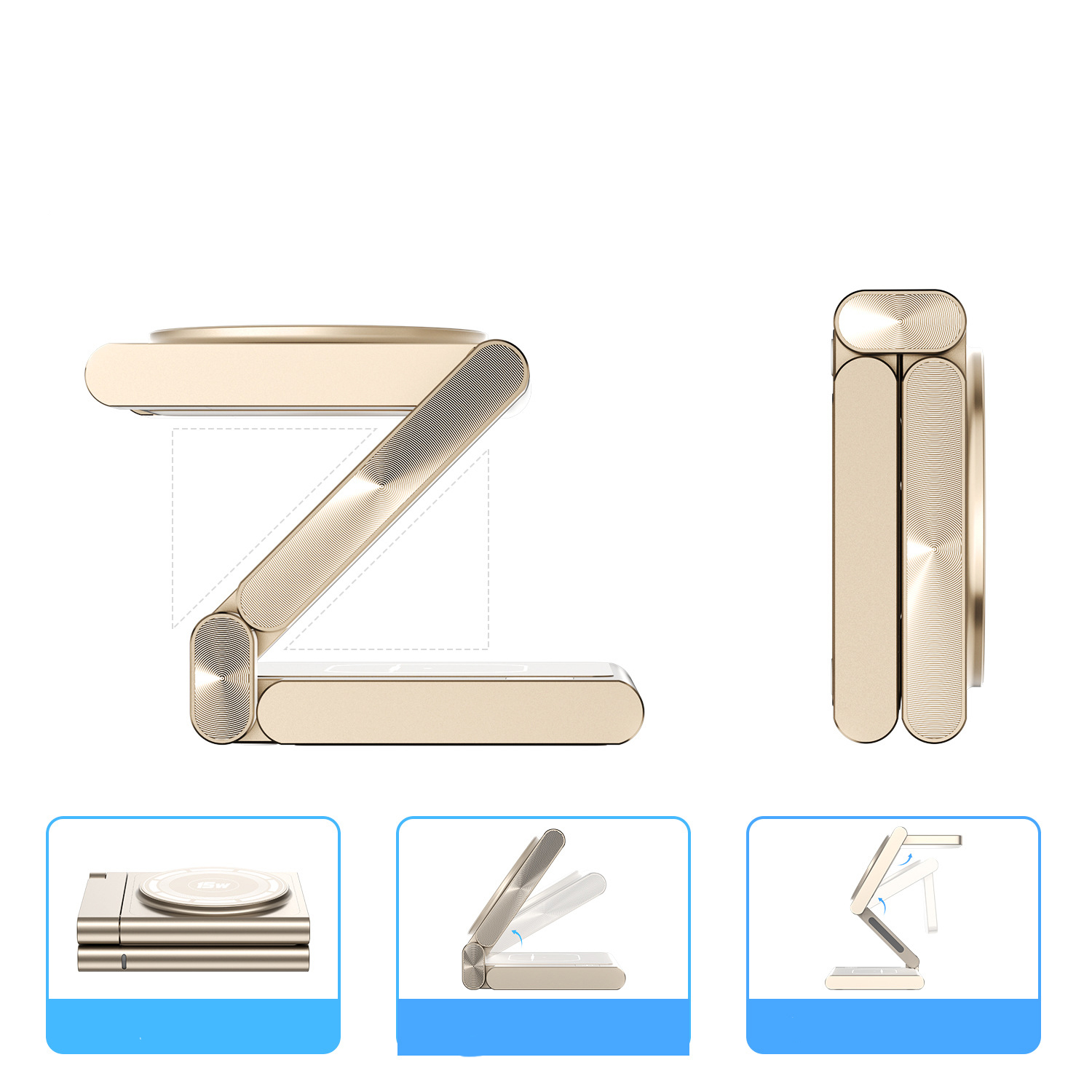 (15W/3A) 3in1 Magnetisches Alu Ladegerät Qi2 Wireless Charger Alu Ladegerät Faltbare Ladestation für Apple iPhone / Apple Airpods / Apple Watch - Champagner