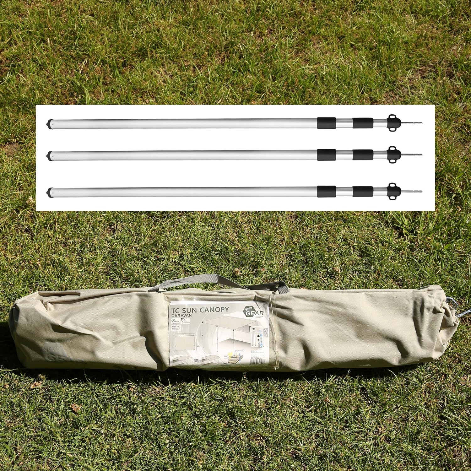 your GEAR Caravan Tarp TC Wohnwagen Sonnendach – wasserdichtes Baumwoll-Sonnensegel mit UV 50+, Alu-Teleskopstangen, in 5 Größen (Beige/Sand, 450 x 240 cm)