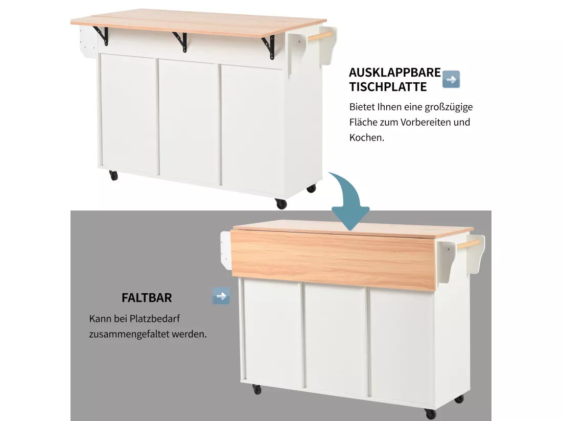 Ilot central de cuisine mobile avec 2 portes et 3 tiroirs - plateau extensible - 129x46/71x91,5 cm - Bois MDF + métal - Blanc + naturel