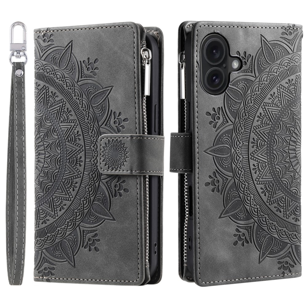 iPhone 16 Leder Tasche Flip Cover mit Reissverschluss - Mandala Flowers Imprint - Grau