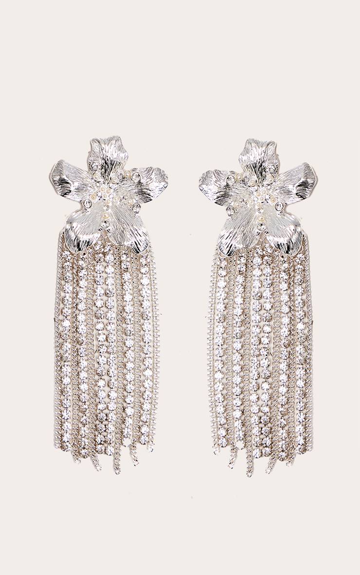 Argenté Boucles D'oreilles Pendantes Ornées De Fleurs Et Strass