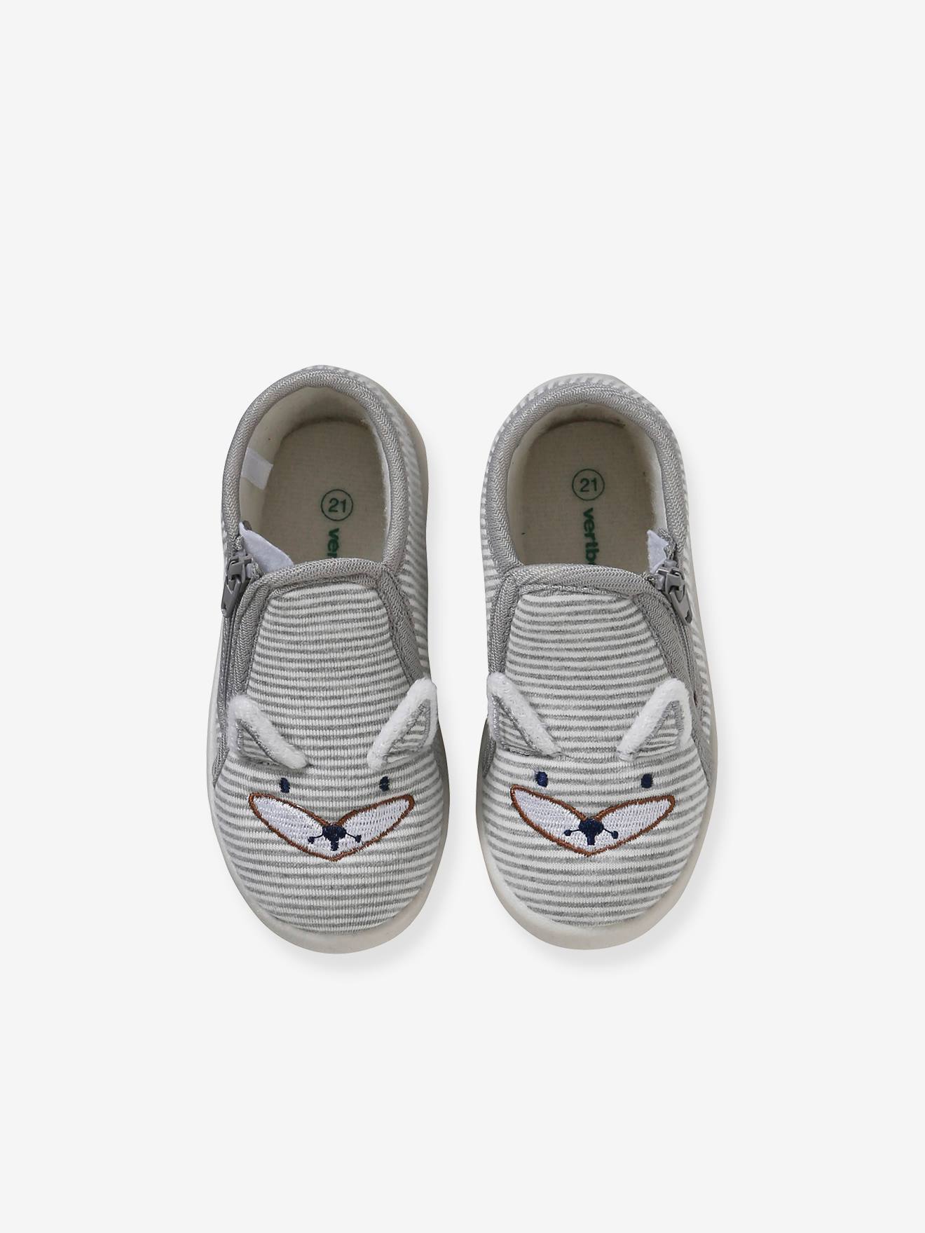 Pantufas de lona para bebê com zíper, listras cinza