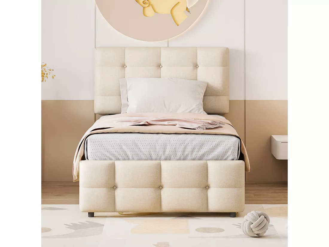 Lit gigogne 90 x 190/200 cm - tête de lit réglable - tissu lin - pour enfants - beige