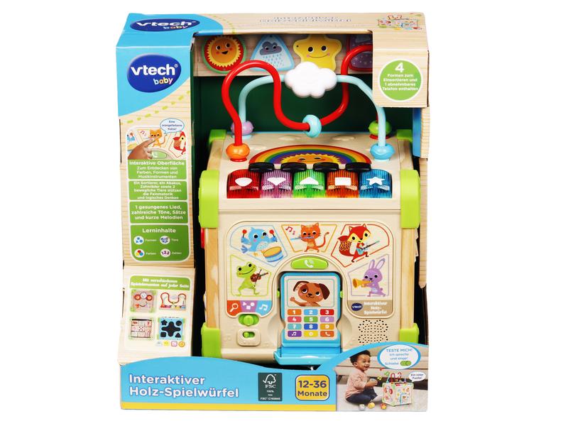 Vtech Interaktiver Holz-Spielwürfel FSC Holzwürfel mit individuellen Würfelseiten und verschiedenen Elementen