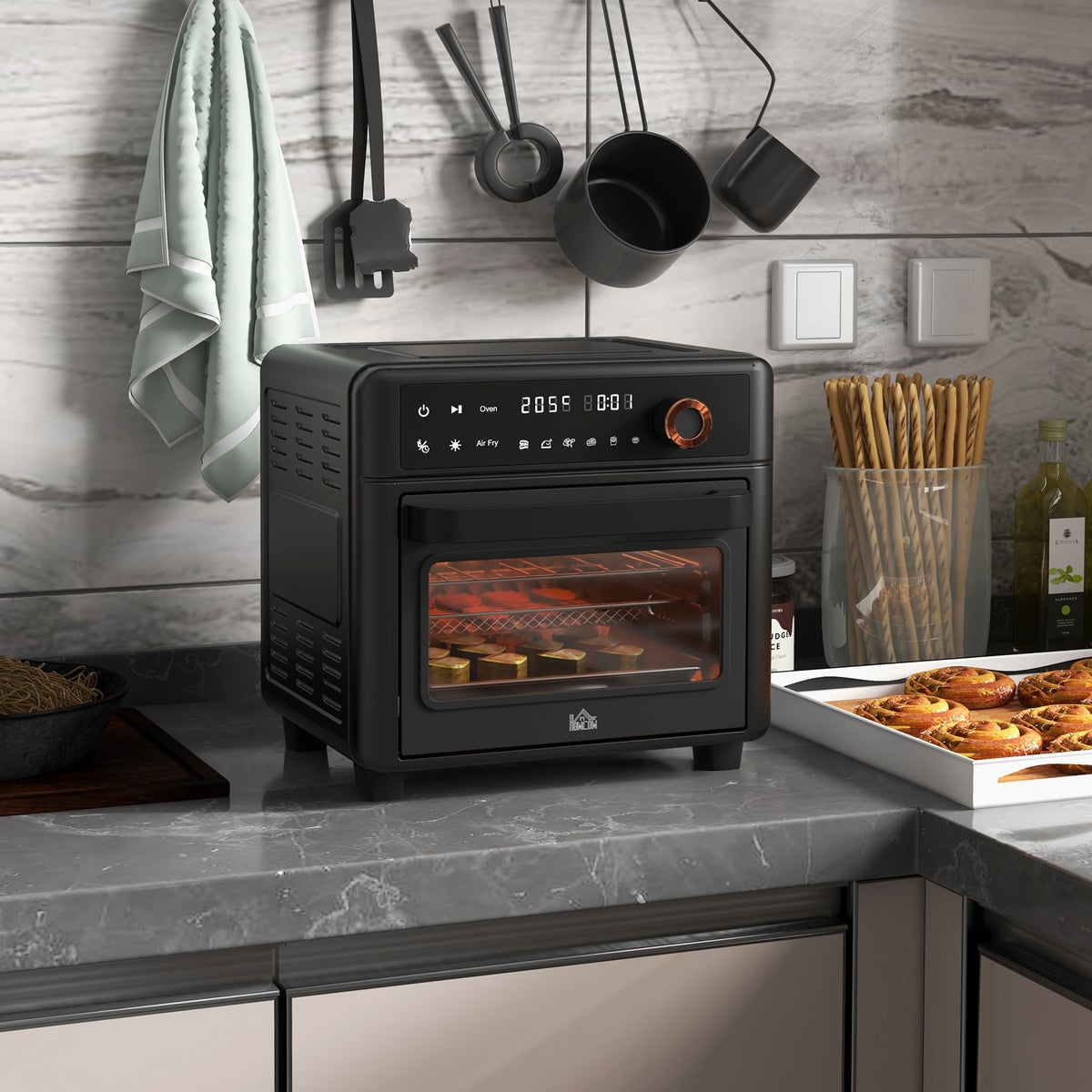 HOMCOM Mini-oven met hetelucht, 13 l, met bakplaat, 40-220 °C, met 12 programma's, 12-uurs timer, 1500 W, 33,5 l x 32 b x 32,5 h cm, roestvrij staal, zwart