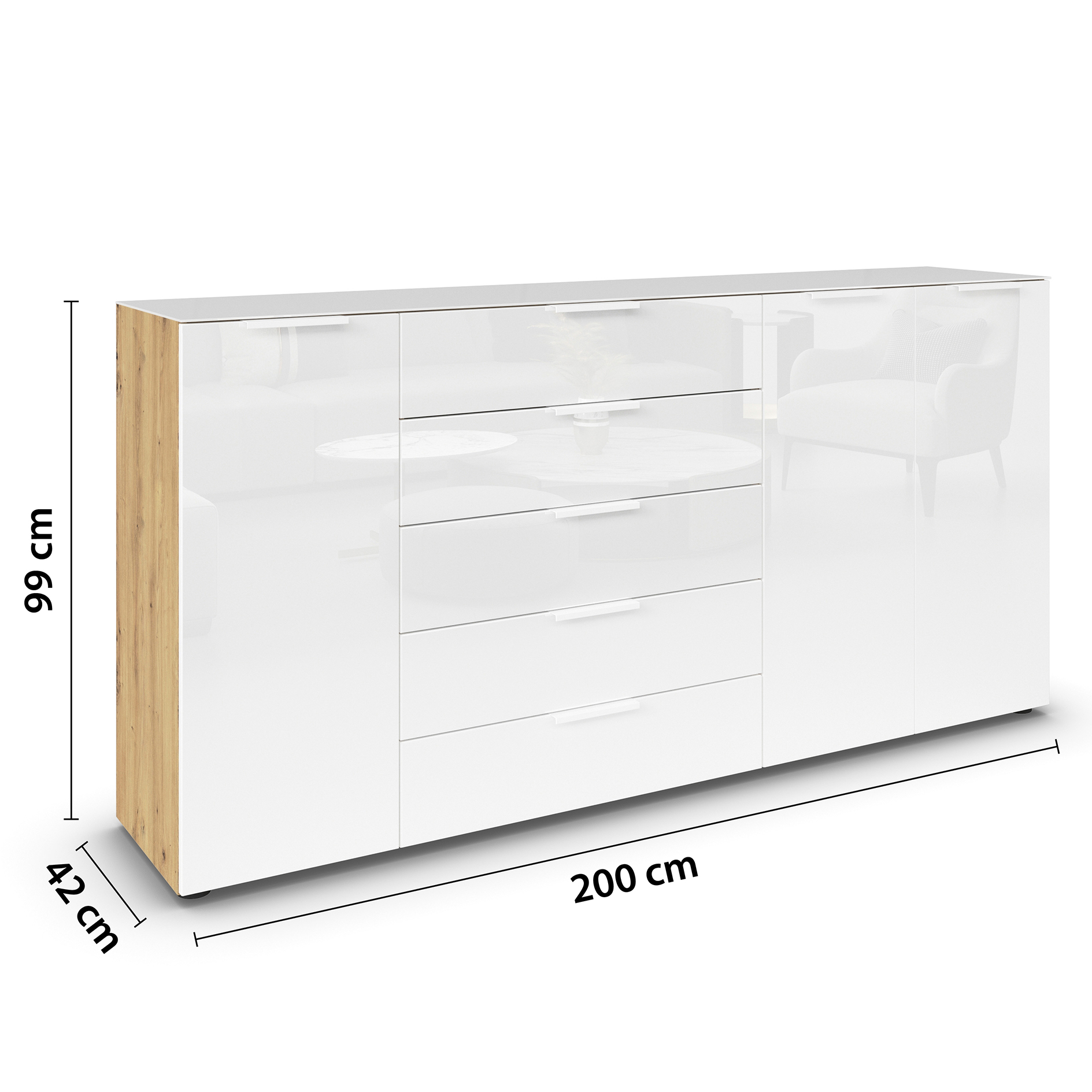 Kommode - Artisan Eiche-Kristallweißglas - weiße Griffe - 199 cm