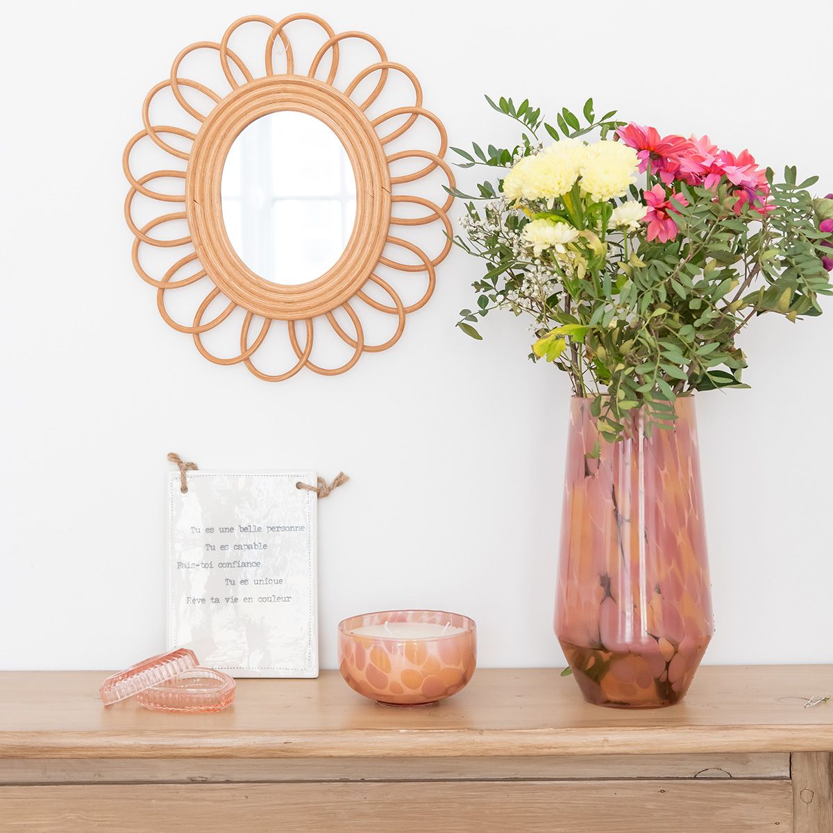 Bougie en verre mouchetée rose Atelier jasmin