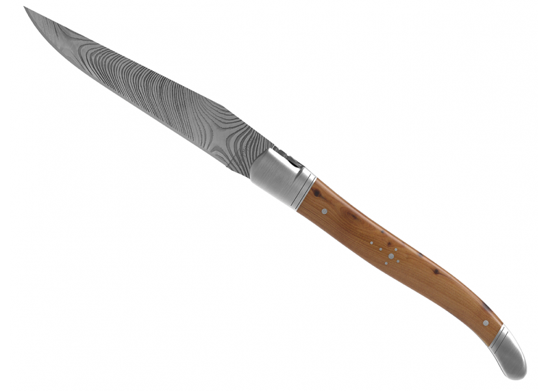 Couteau Laguiole collection damas avec un manche en bois de genévrier et 2 mitres en acier inoxydable