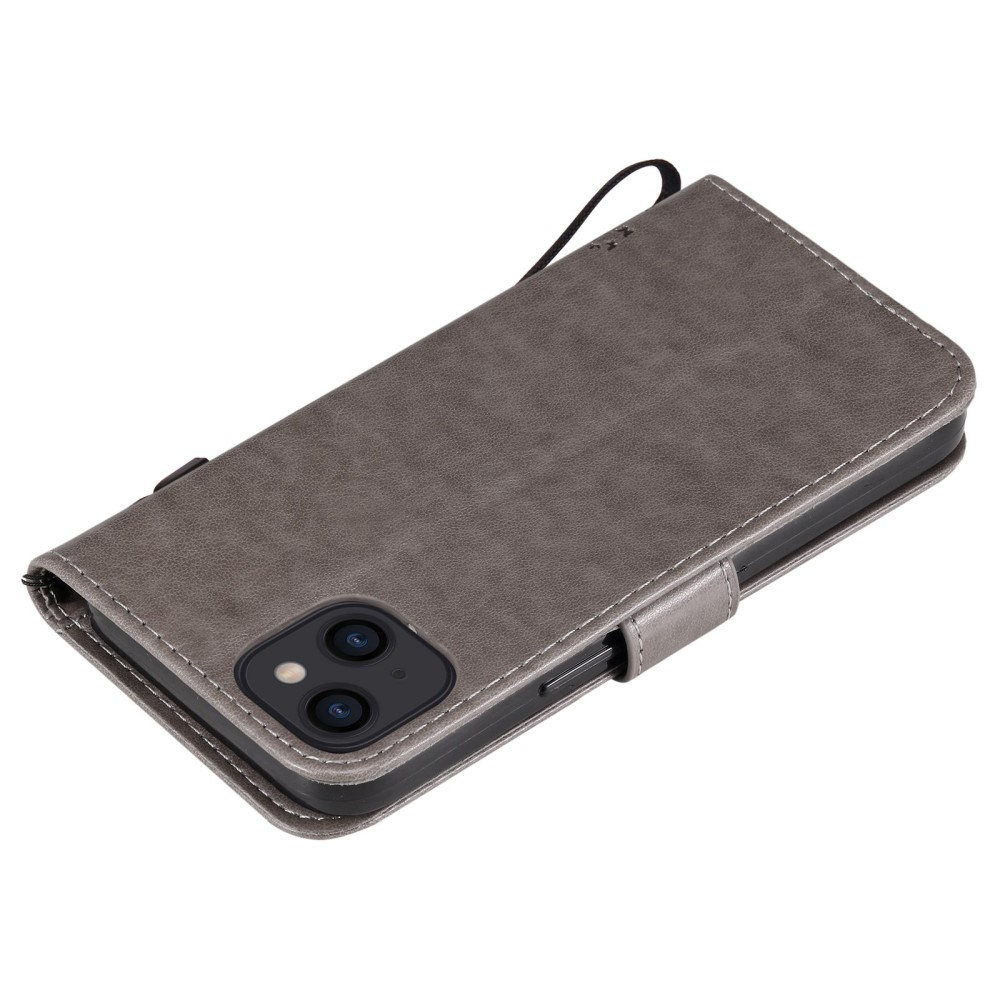 iPhone 14 Leder Tasche Flip Cover Baum Imprint - Grau