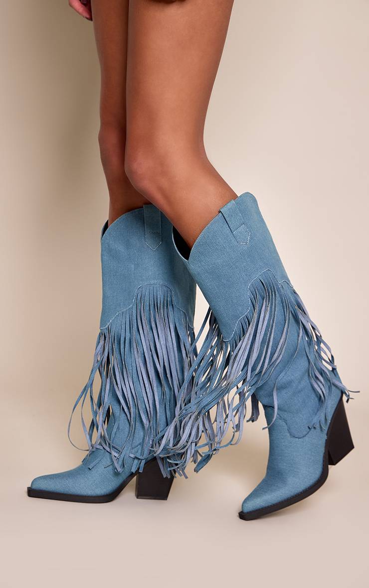 Bleu Denim Bottes Montantes À Franges Et Talon Cubain