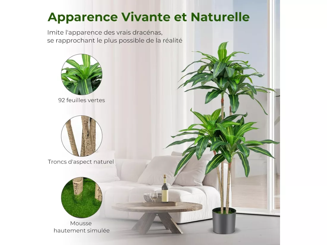 Arbre Artificiel de 140 cm de Haut, Fausse Plante Dracaena avec 92 Feuilles Pot en Ciment Couverture de Mousse, sans Entretien, pour Décoration de Jardin Maison Bureau