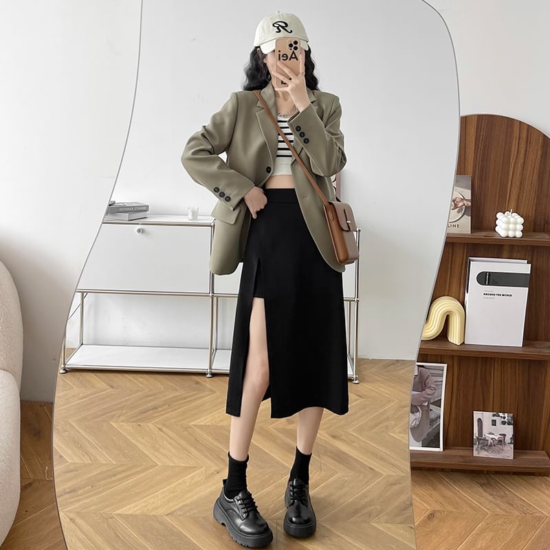 Secolo - Hoge taille effen split midi A-lijn rok