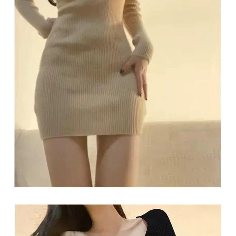 Moregirl - Lange mouw off-shoulder geribbelde mini-schedejurk