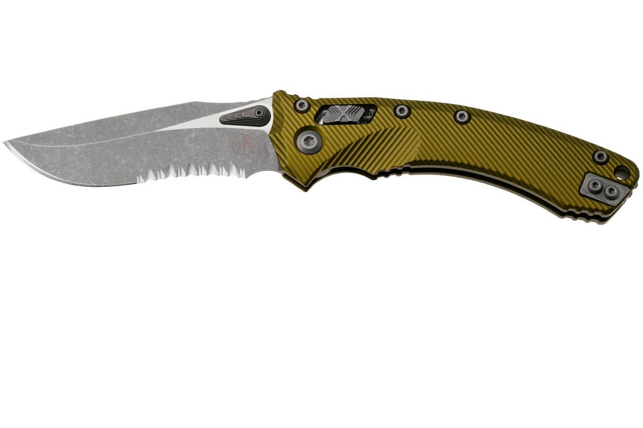 Microtech Amphibian 137RL-11APFLOD, Apocalyptic Stonewashed M390MK, Fluted OD Green Aluminum, partial serrated zakmes
