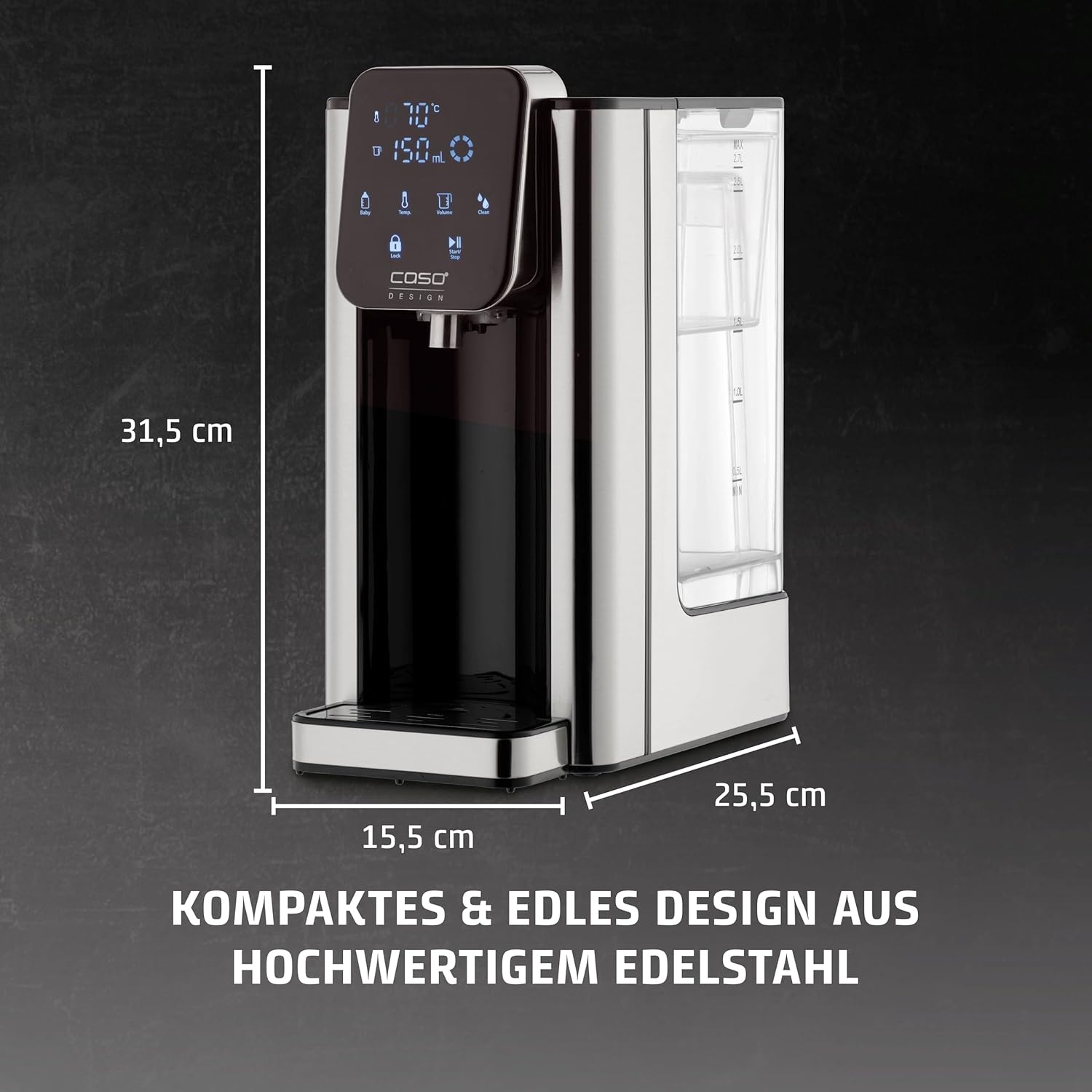CASO HW 660 Heißwasserspender - heißes Wasser in wenigen Sekunden, spart bis zu 50% Energie gegenüber Wasserkochern, 8 Mengenausgaben, für Babynahrung geeignet, Integrierte Entkalkungserinnerung