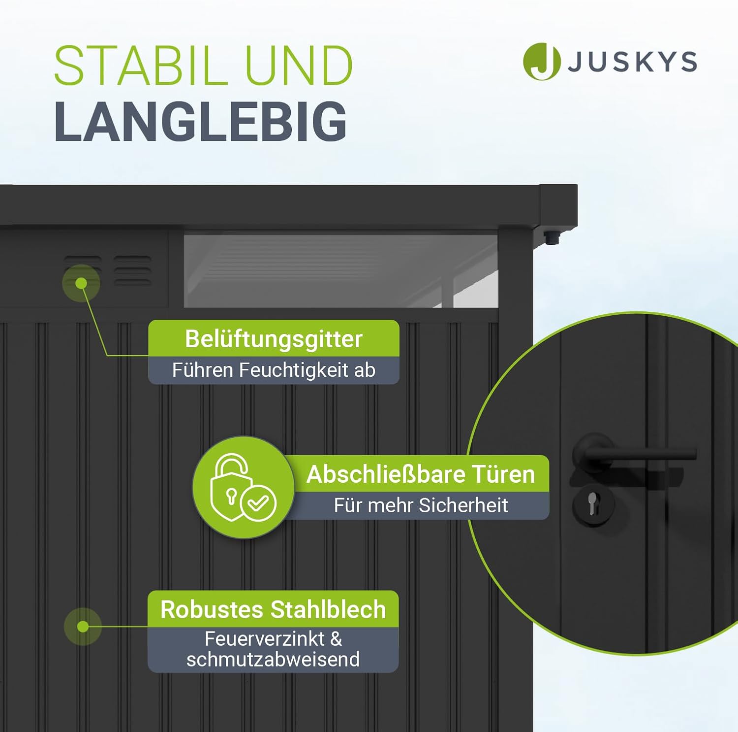 Juskys Gerätehaus Luzern L - 7,8 m² - Metall Geräteschuppen mit Türen & Fenstern - wetterfest & abschließbar - Fahrradgarage, Gartenhaus - Anthrazit