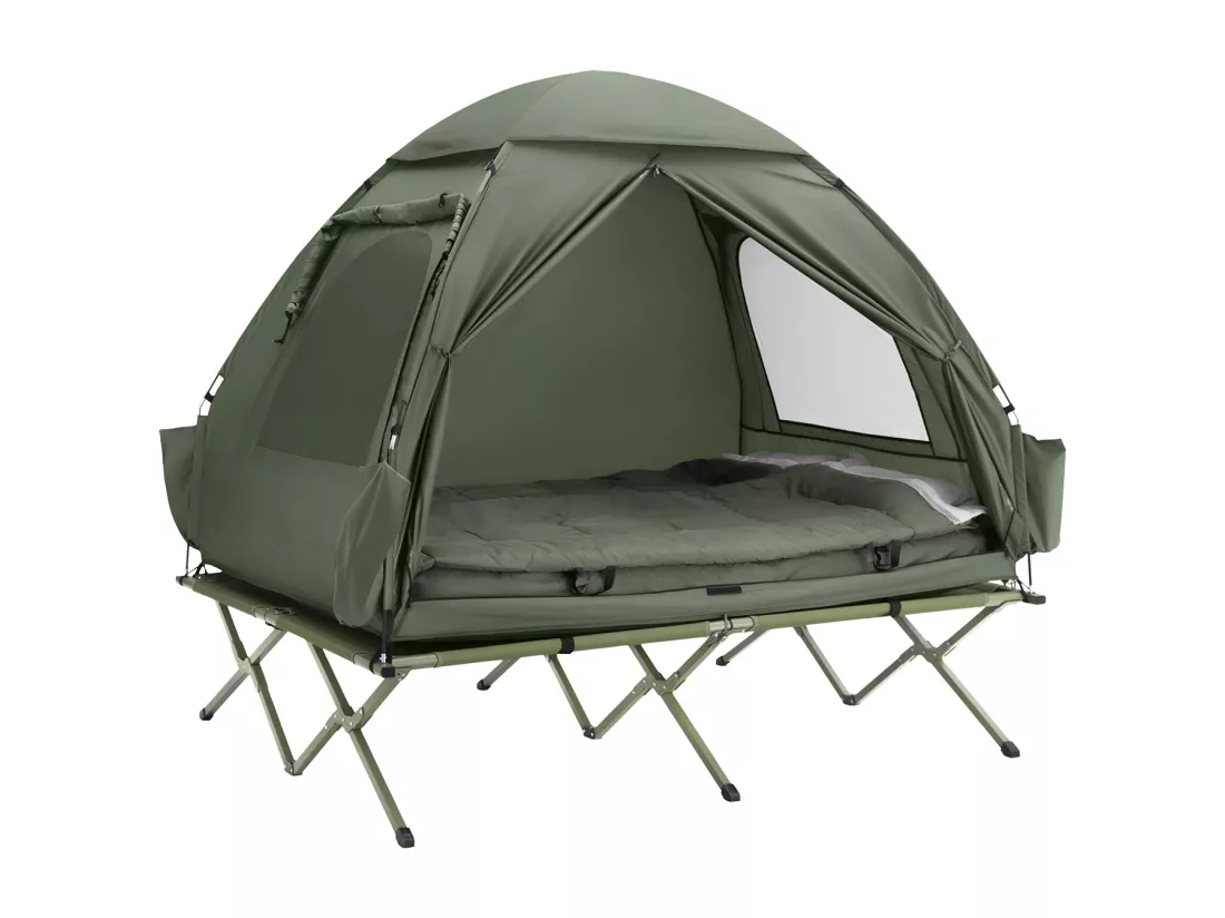 SoBuy Tente de Camping 4 en 1 Pliable Lit Surélevé, Toit, Sac de Couchage, Matelas Gonflable -2 Personnes - Idéal pour Randonnée, Festival et Plein Air OGS32-L-GR