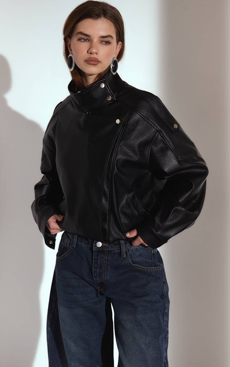 Noir Veste De Motard Col Montant En Synthétiquecuir