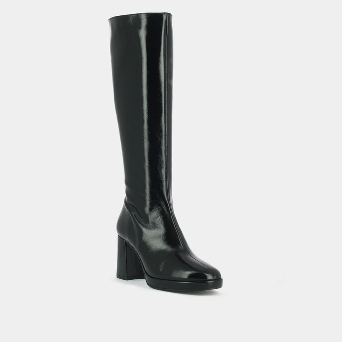 Bottes hautes à talons et plateformes  en cuir brillant noir