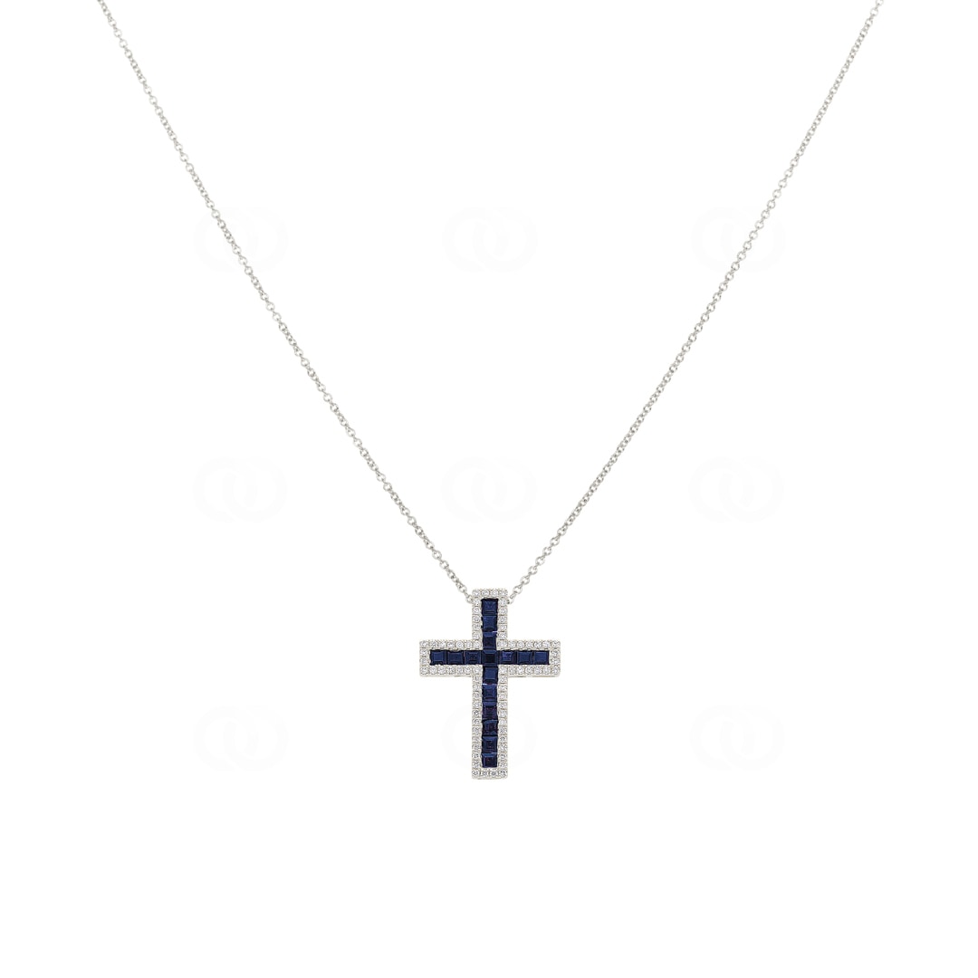 Collier 750/18 K Weissgold Kreuz mit Saphiren & Diamanten 0.23 ct H/si