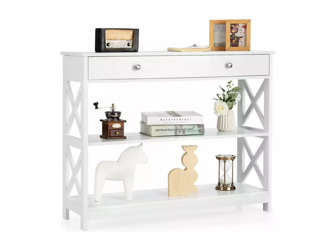 Table de Console à 3 Niveaux, Console Meuble avec Tiroir et 2 Étagères de Rangement de Motif en X, Console Entrée pour Couloir, Salon, Entrée, 100x30x80CM (Blanc)