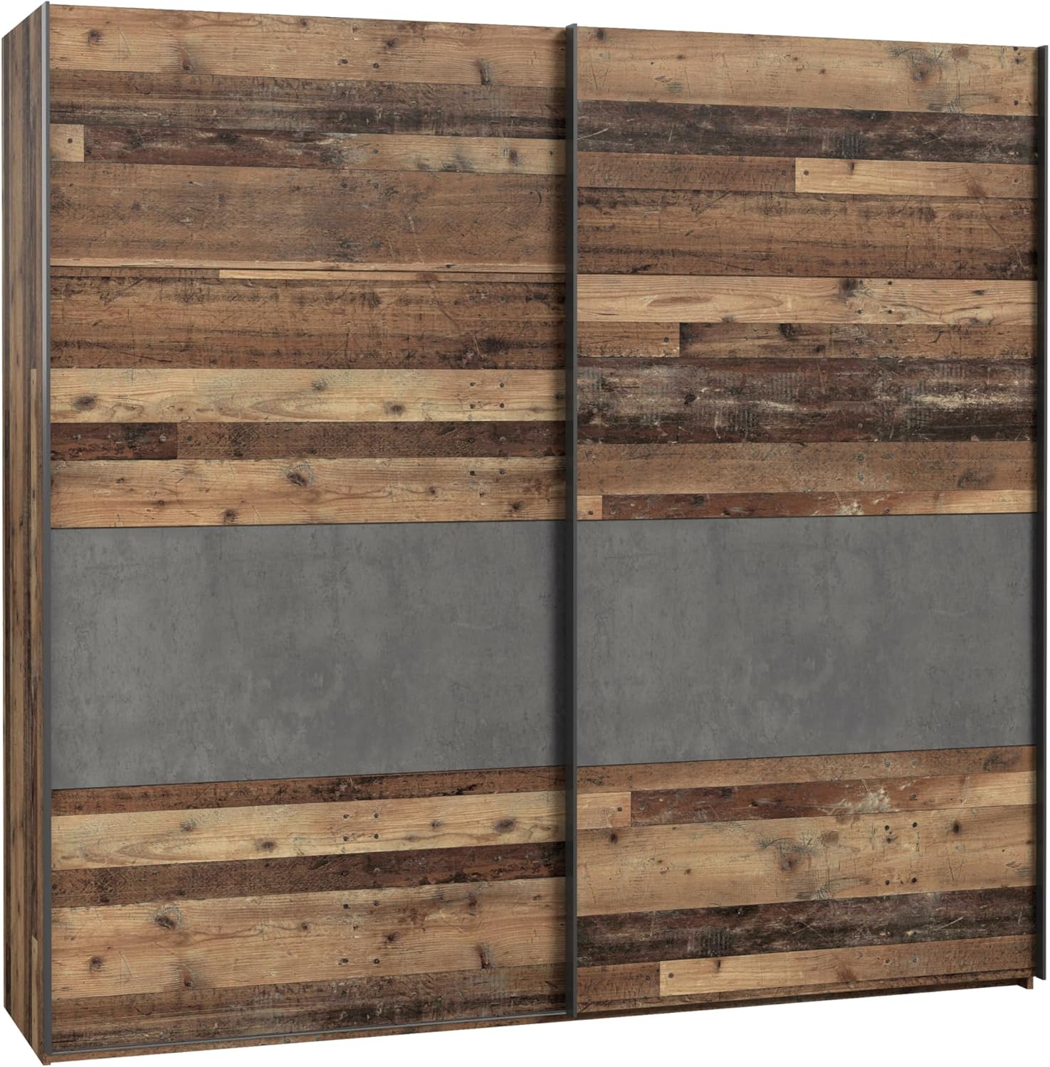 FORTE Clif Schrank 220, Kleiderschrank, Schwebetürenschrank Vintage Schlafzimmer 2-türig, Holzdekor: Old – Wood Vintage/Betonoptik Dunkelgrau, 220 cm breit x 210.5 cm hoch x 61 cm tief