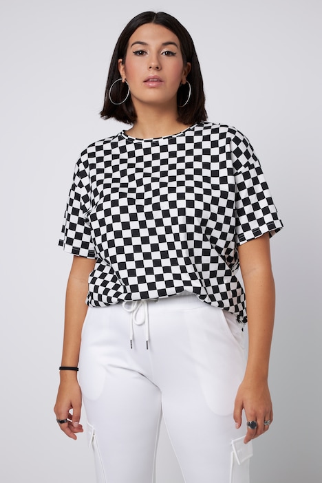 T-Shirt, oversized, Schachbrett Print, Rundhals, Halbarm