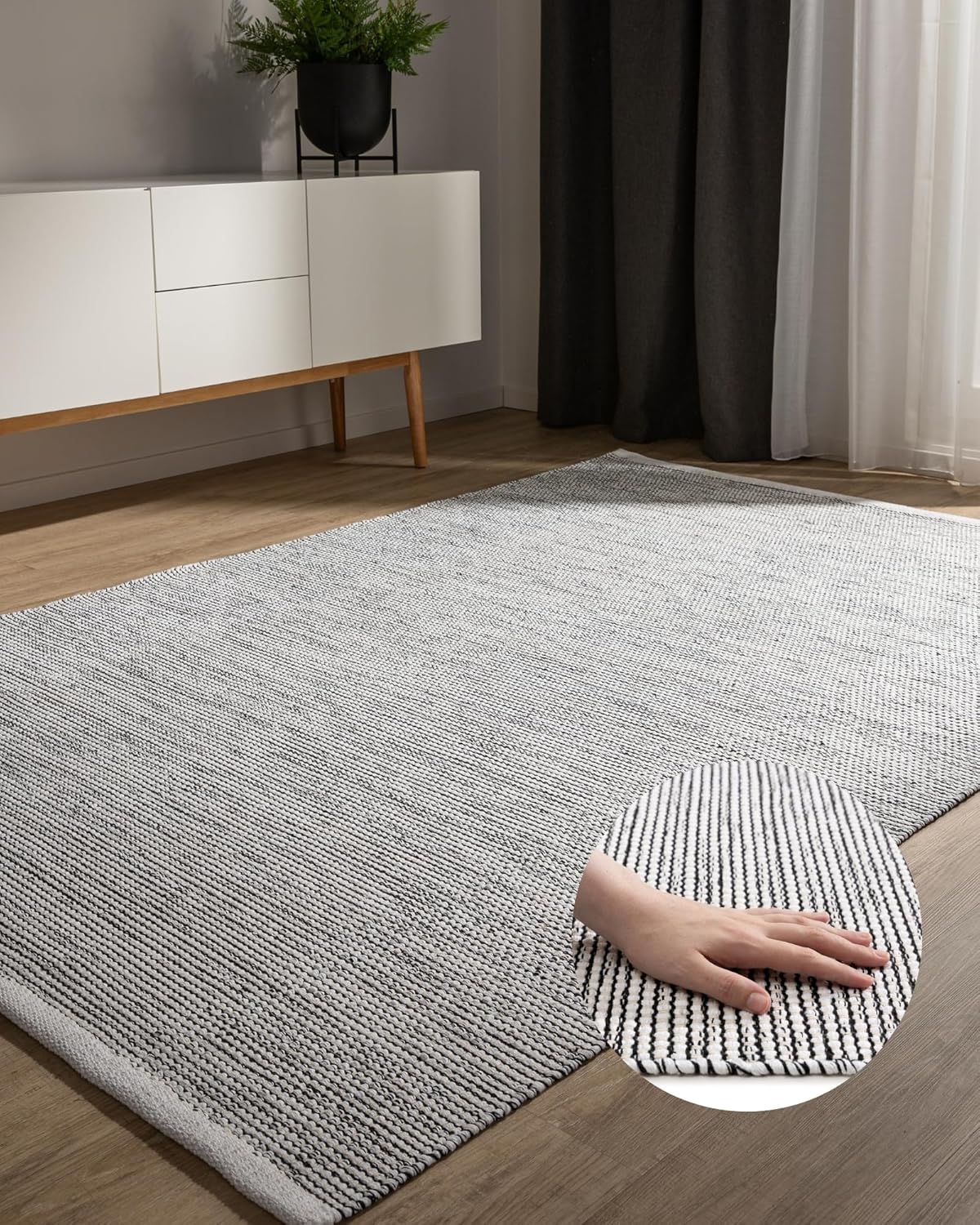 benuta Basic handgewebter Baumwollteppich Ron - Beige/Schwarz 200x290 cm - Handwebteppich aus 100% Baumwolle - Style: Uni, Minimalistisch, Natural Living - Pflegeleicht für Wohnzimmer Schlafzimmer