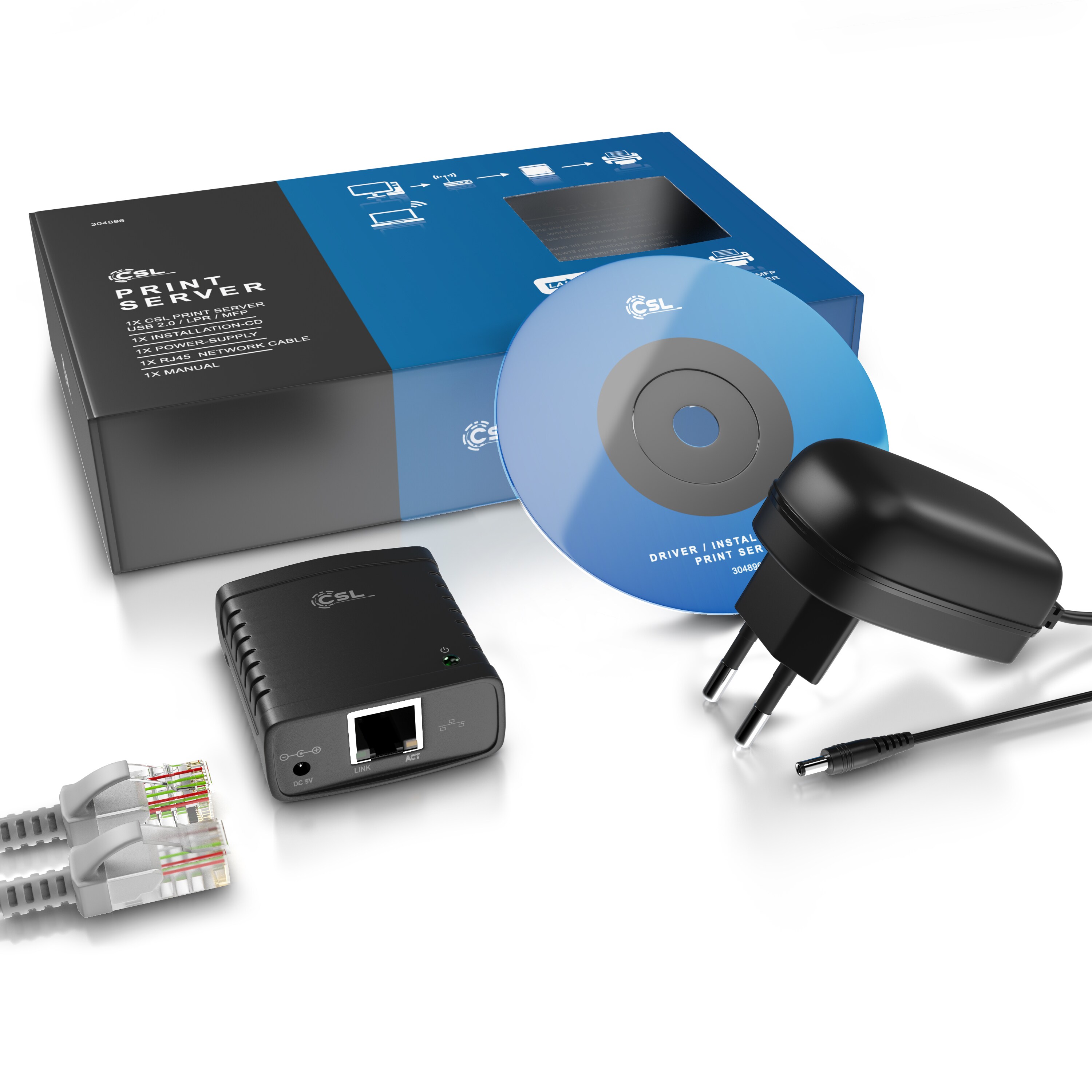 CSL Fast Ethernet USB Printserver inklusive Netzteil PC und MAC / Windows 10 fähig