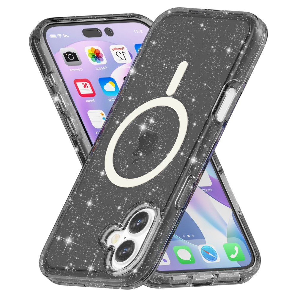 iPhone 16 MagSafe Hybrid Hardcase Schutzhülle im Glitzer Design - Schwarz / Transparent