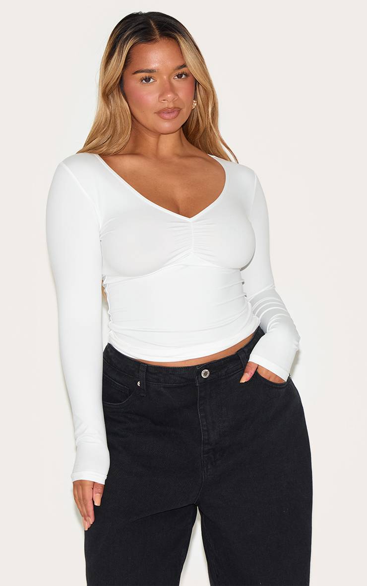 Blanc Haut Manches Longues Sculptant À Poitrine Froncée Shape